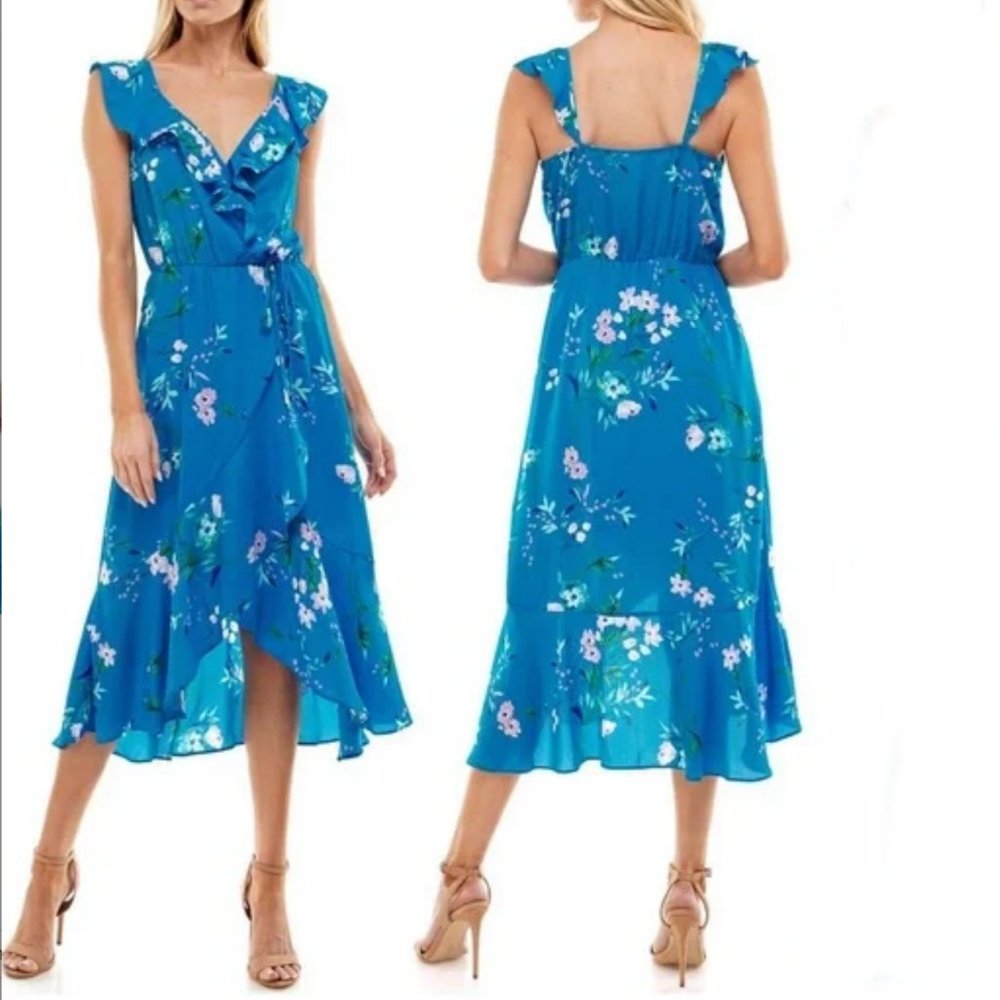Socialite Ruffle Wrap Dress Blue Floral Small V-Neck Lined Polyester Elastic Wai
